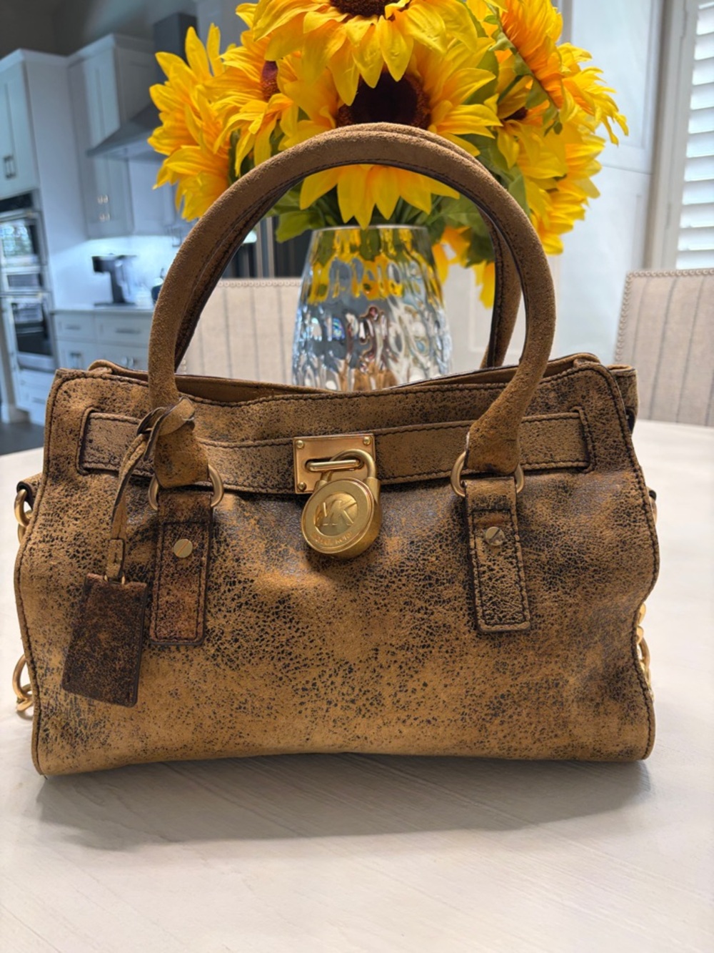 Michael Kors Tan Distressed Suede Satchel with Gold Hardware